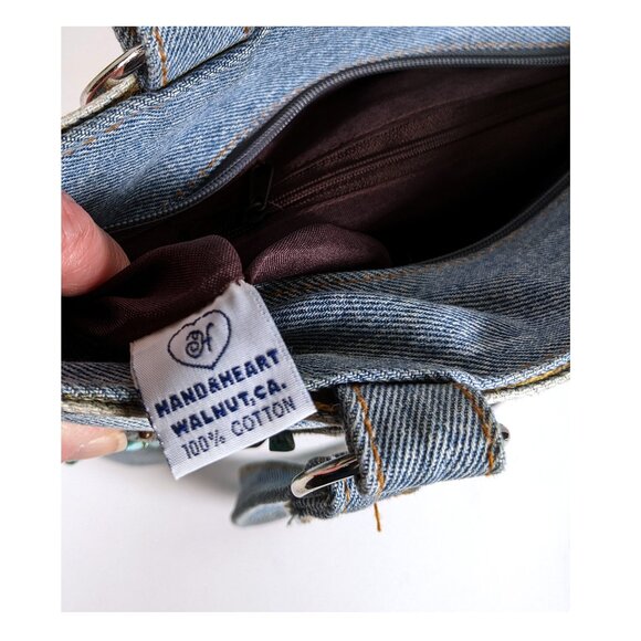 VTG Hand & Heart Walnut CA Hand MadeTURQUOISE Stones DENIM SHOULDER Bag BEADED - Picture 8 of 11